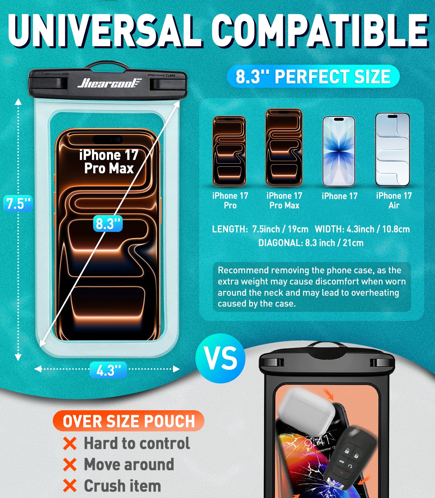 Hiearcool Waterproof Phone Pouch, Water Proof Phone Case for iPhone, Waterproof Cell Phone Dry Bag for Cruise Travel Vacation Essentials Large Waterproof Phone Holder 4 Pack-Black&Clear