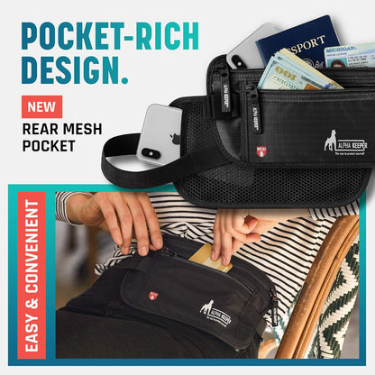 Alpha Keeper Hidden Travel Money Belt - RFID Blocking Waist Wallet & Passport Holder for Women and Men, Anti-Theft Slim Security Pouch